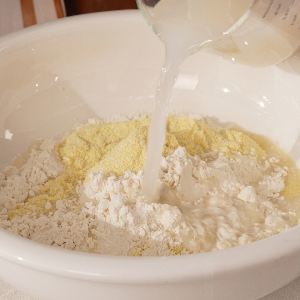 Gloved hands kneading the combined pizza dough in a large white bowl.