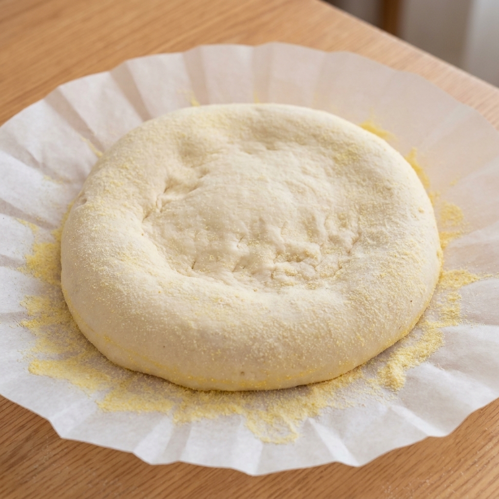 The dough being carefully stretched into a thin circle using the hands-over-fists technique.