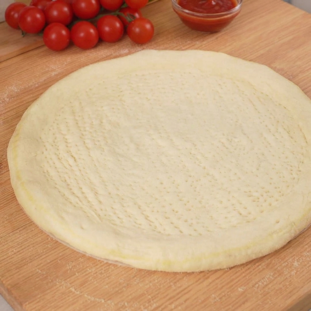 A ladle or spoon spreading vibrant red tomato basil sauce across the raw pizza dough.