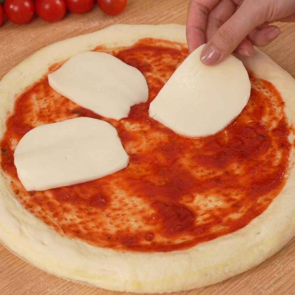The sauced pizza base topped with pieces of white mozzarella and red halved cherry tomatoes.