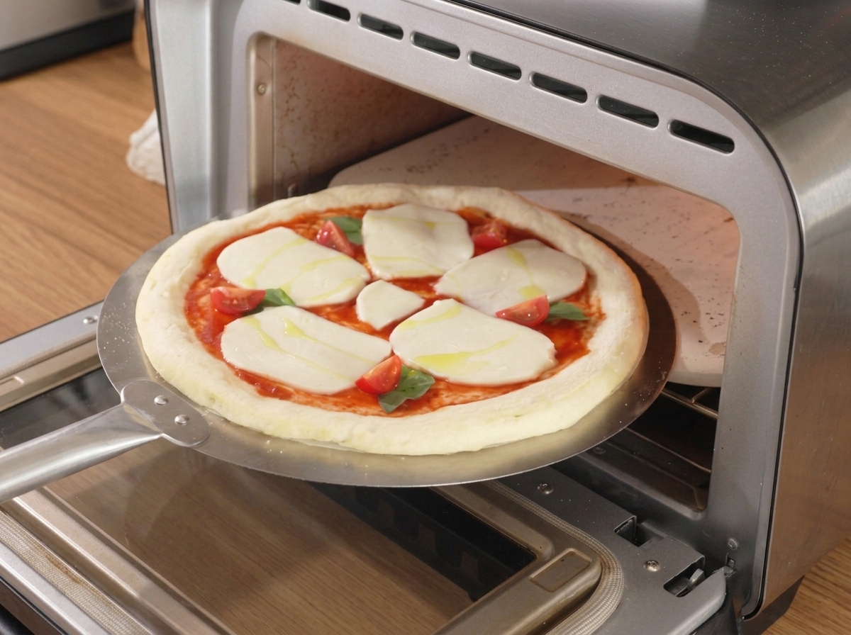 A metal peel placing the uncooked topped pizza into the hot, preheated pizza oven.