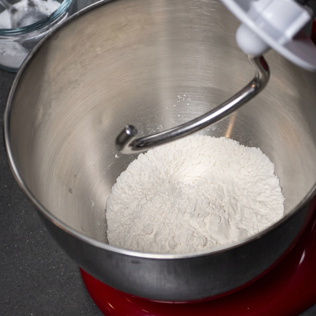 A close-up view of flour, salt, and dry yeast in the bowl of a stand mixer.