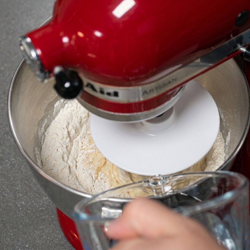 Water being poured from a glass measuring cup into a stand mixer bowl containing the flour mixture.