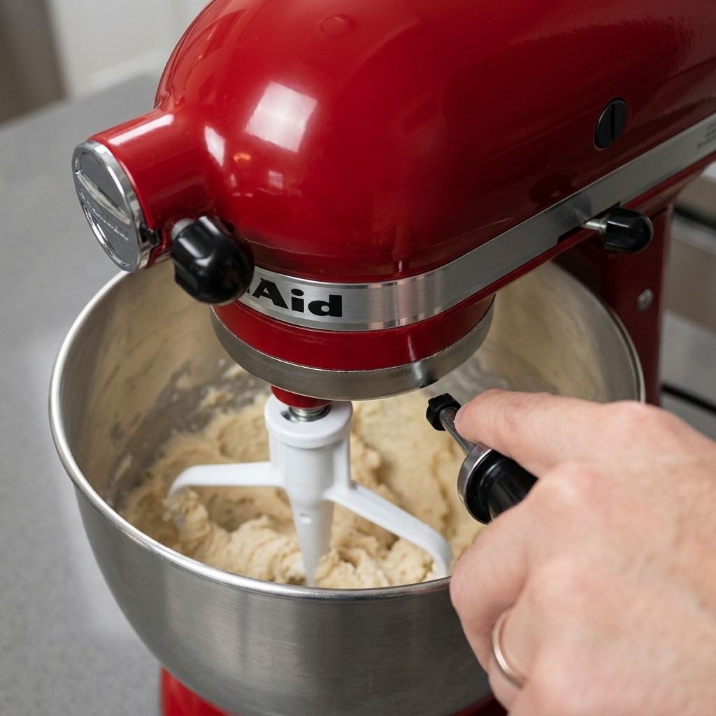 Olive oil being poured from a small bottle into the dough inside the stand mixer bowl.