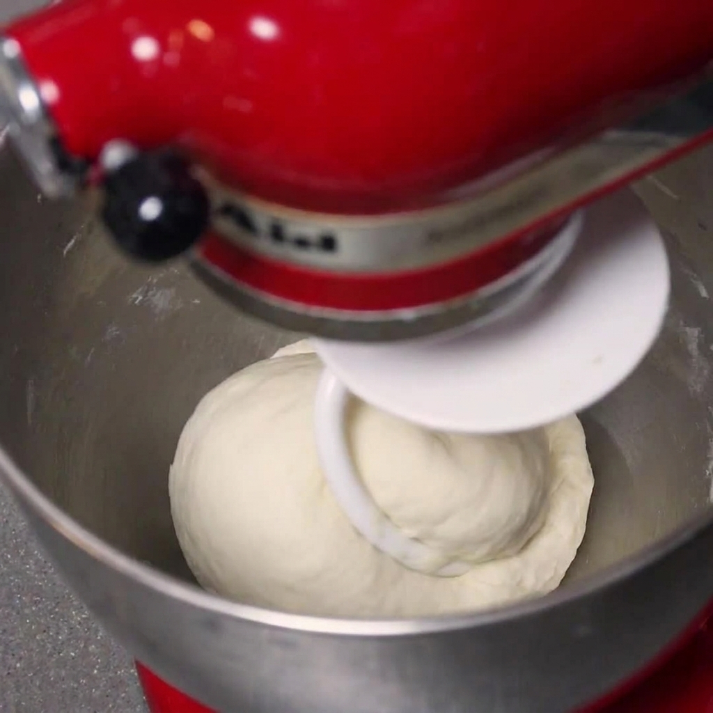 A smooth ball of pizza dough being kneaded by the dough hook of a stand mixer.