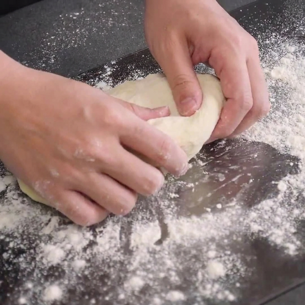 Hands shaping a portion of proofed dough into a smooth, tight round ball on a floured surface.