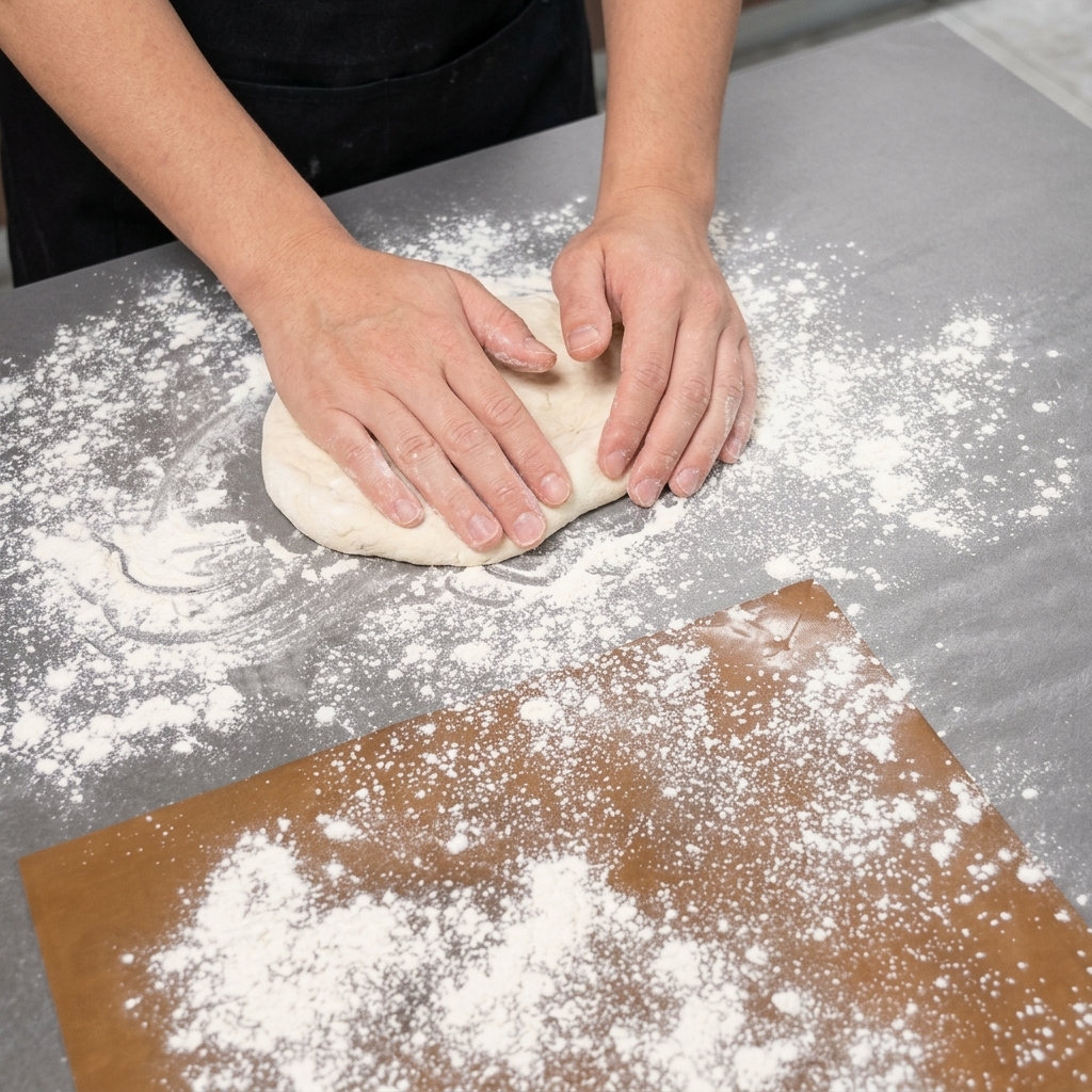 Hands stretching a ball of pizza dough on a floured countertop to create a pizza crust base.