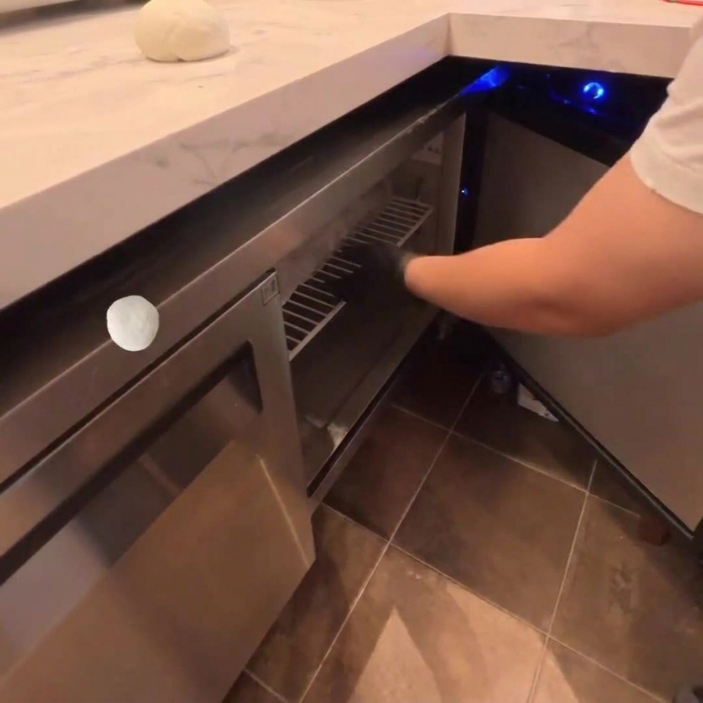 A single ball of fermented pizza dough sitting on a white countertop near a refrigerator.