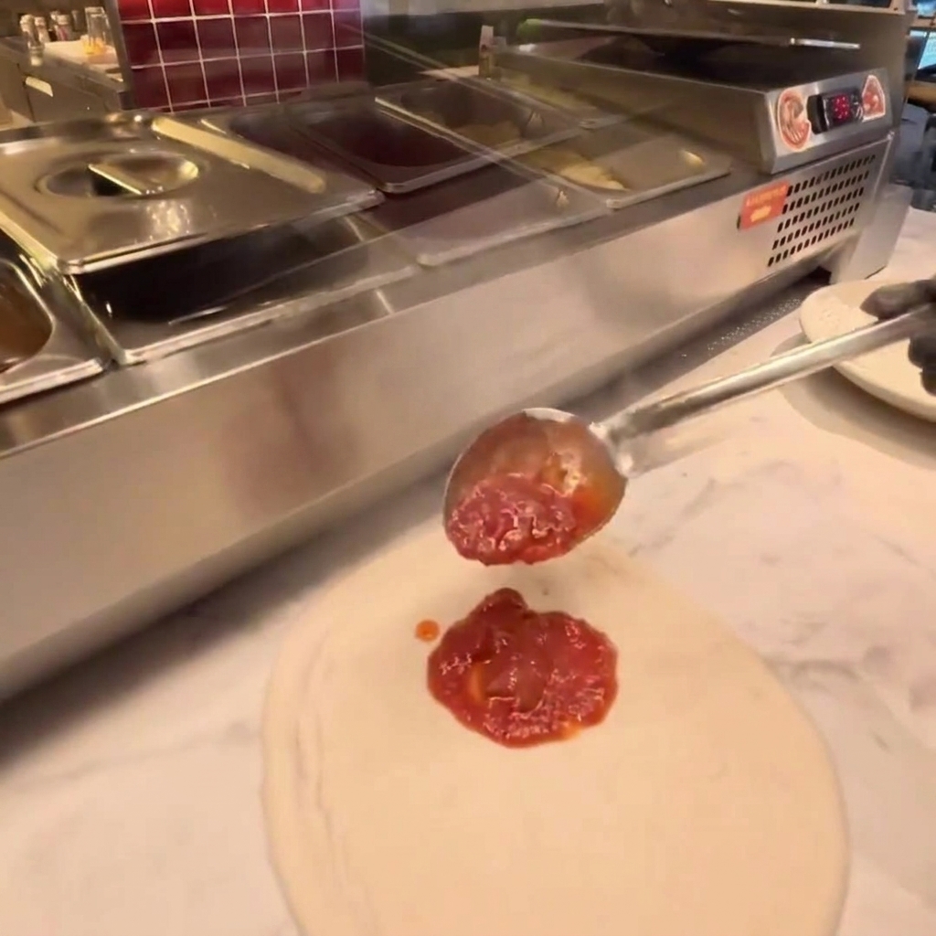 Tomato sauce being spread over a round, stretched pizza dough with a stainless steel ladle.