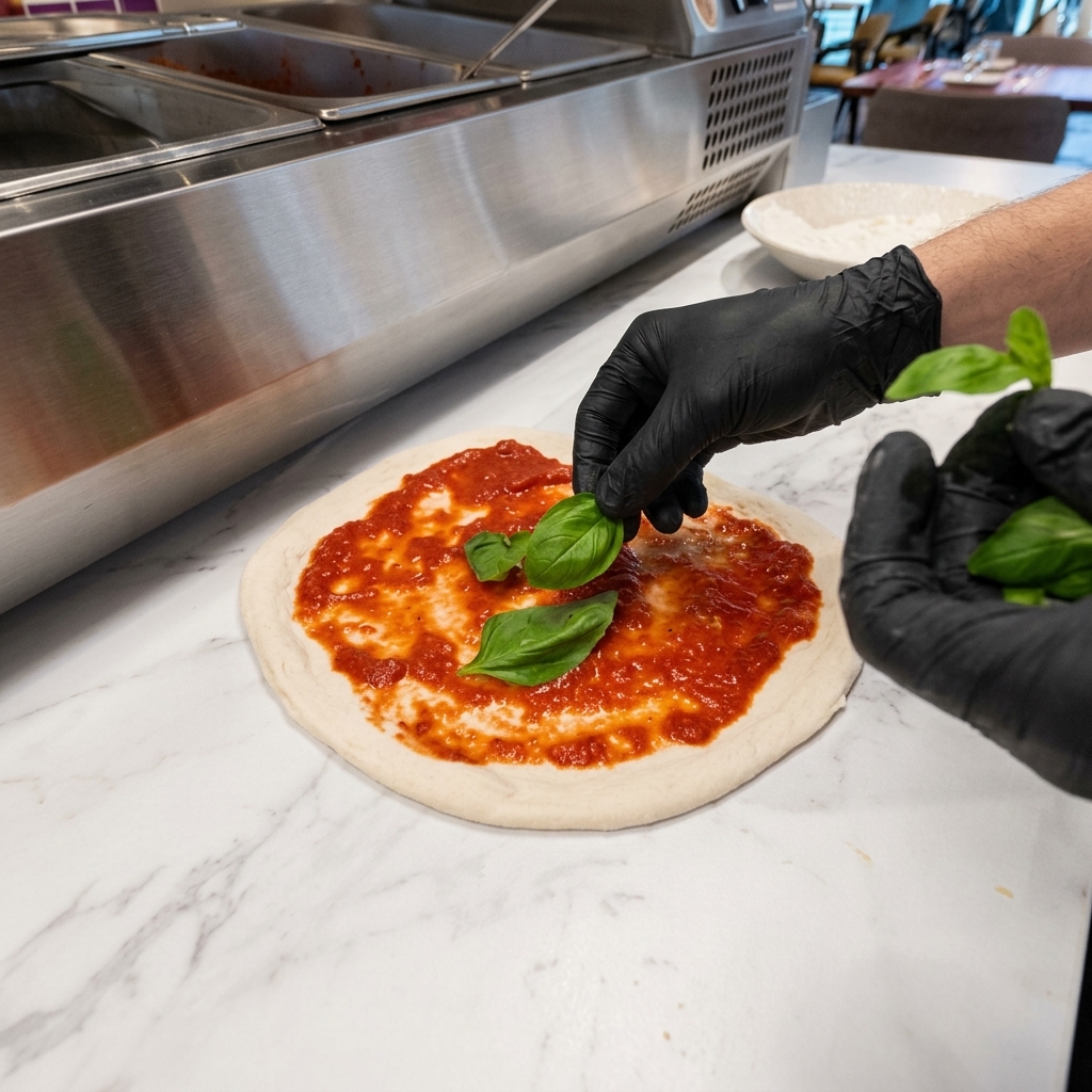 Fresh green arugula leaves being placed on top of a tomato-sauced pizza dough.