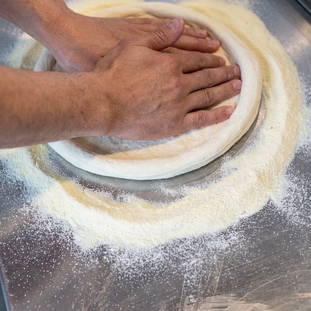 A close-up view of hands pressing and stretching the pizza dough on a floured metal prep table.