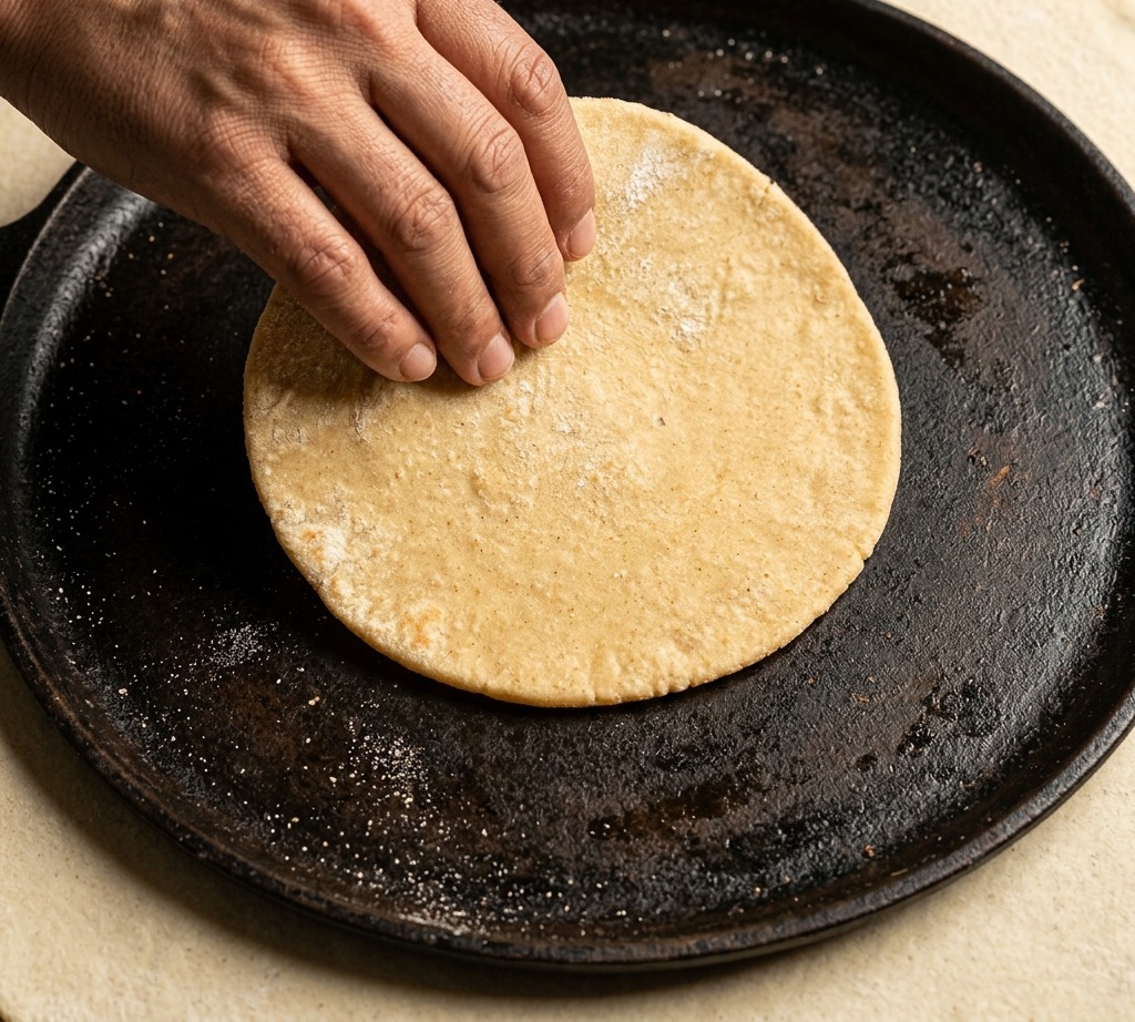 A wide shot showing hands expertly stretching the circular pizza dough base on the stainless steel table.