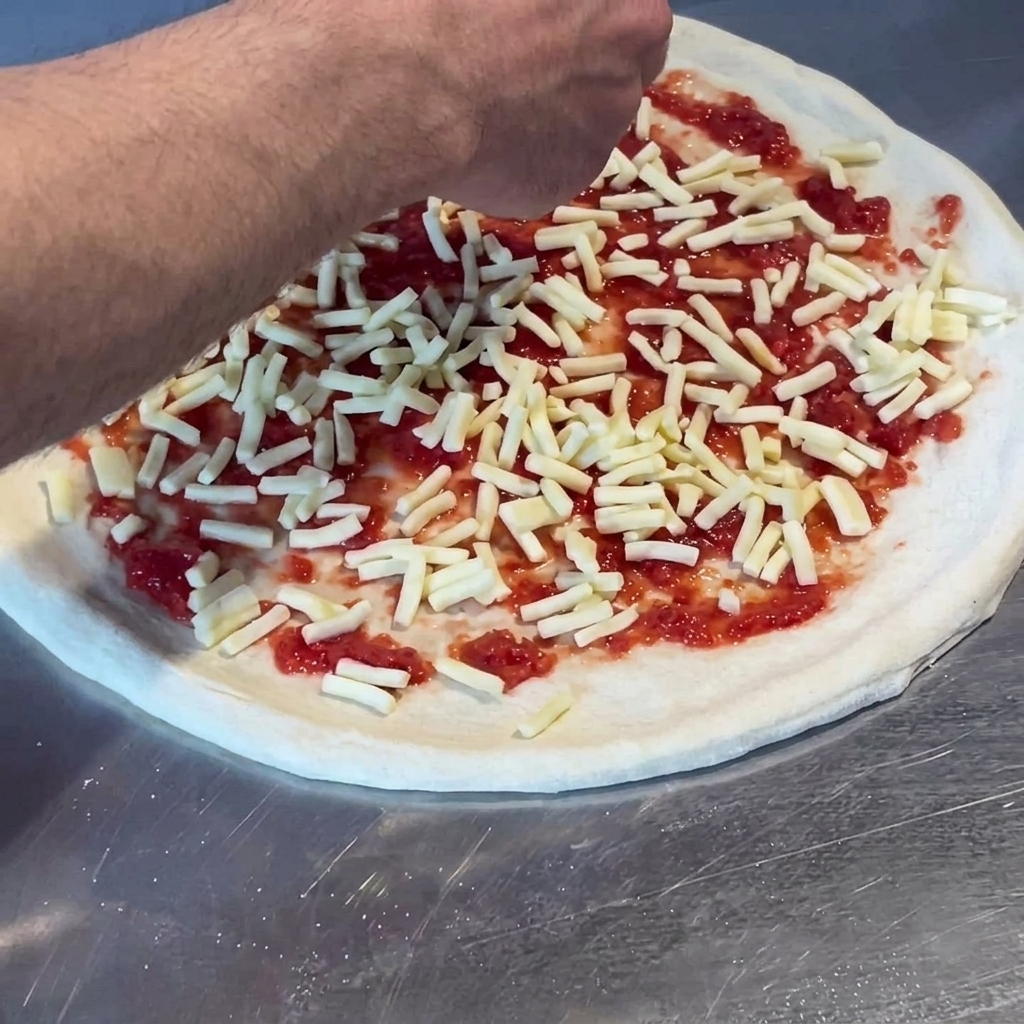 Shredded cheese being sprinkled over the tomato sauce base on the pizza dough.