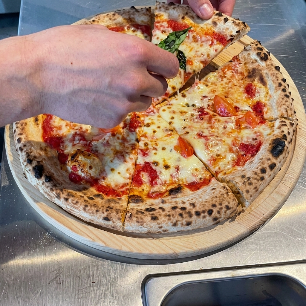 Fresh green arugula leaves being layered onto the hot, baked pizza crust.