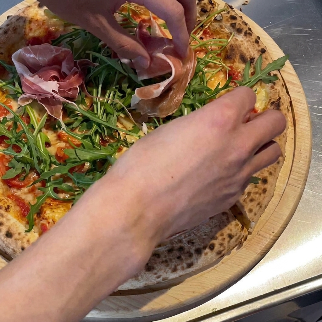 Thin, delicate slices of prosciutto being placed onto the pizza as a final topping.