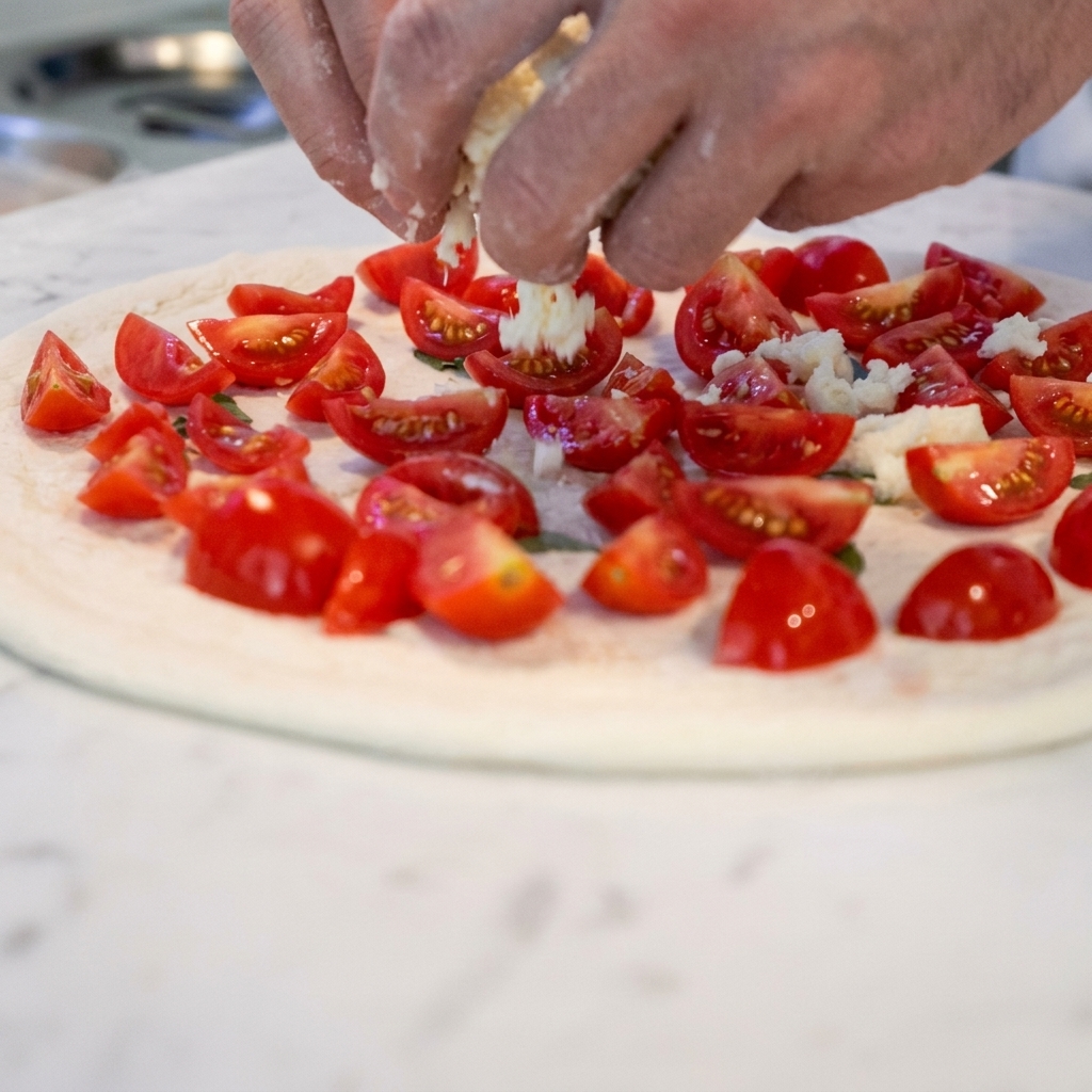 Mozzarella cheese being evenly scattered over the tomato-topped pizza base.