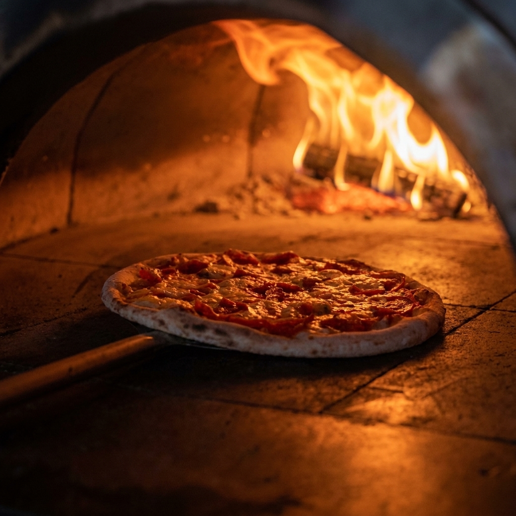 A pizza baking inside a glowing wood-fired oven, being rotated by a long metal peel.