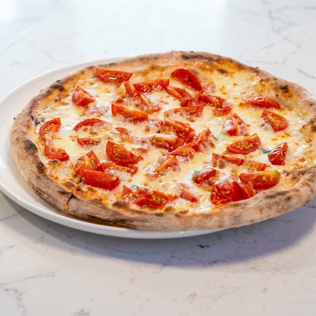 A freshly baked pizza being sliced on a marble surface with a stainless steel pizza cutter wheel.