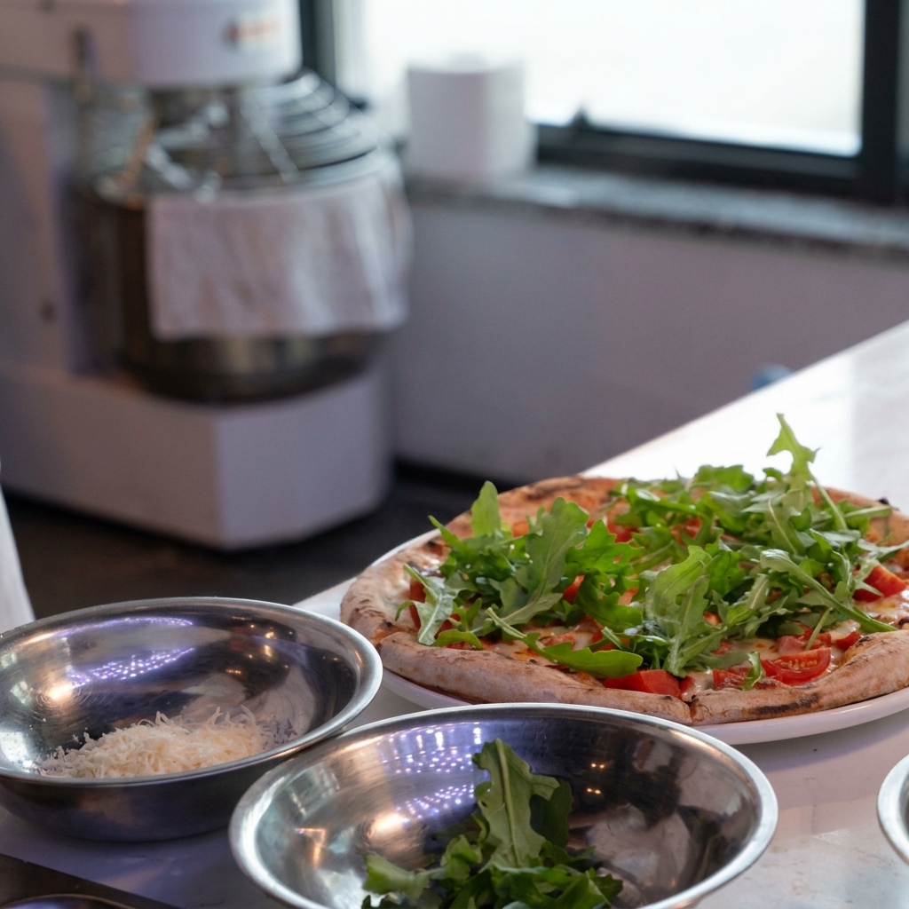 Fresh green arugula being placed over a sliced, baked pizza.