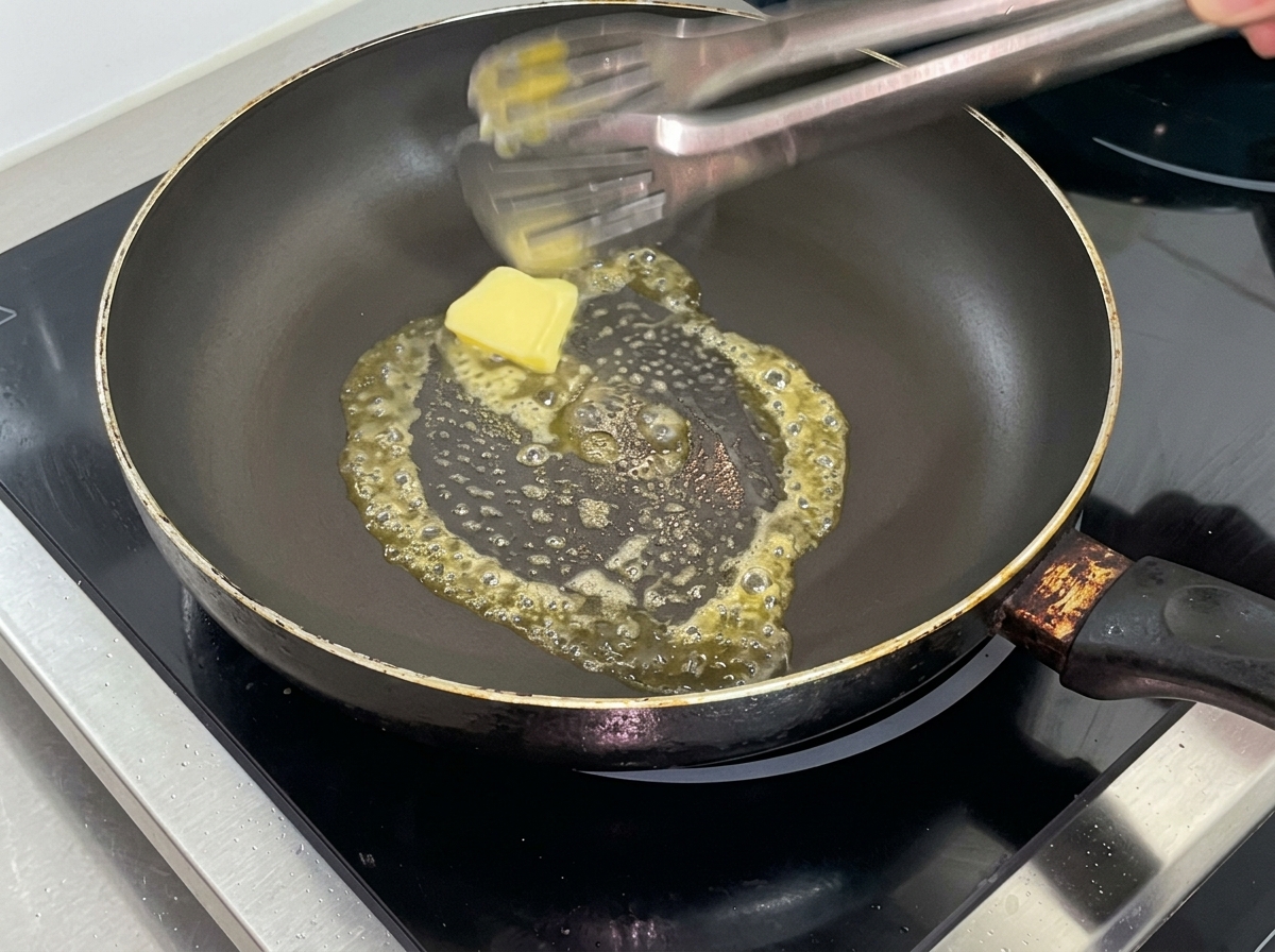 A close-up of a yellow butter cube melting in a preheated black non-stick pan, with tongs visible.
