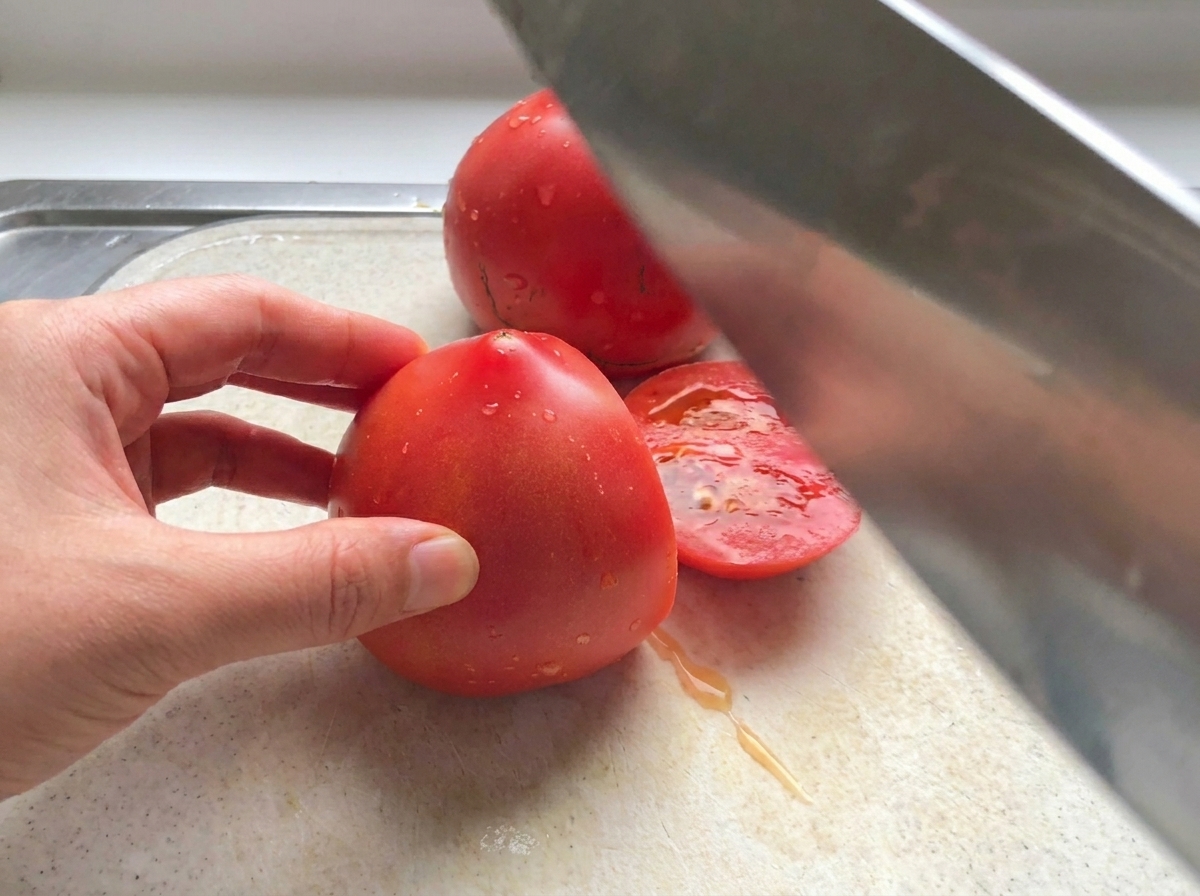 Slicing fresh red tomatoes into chunks on a white cutting board with a large knife.