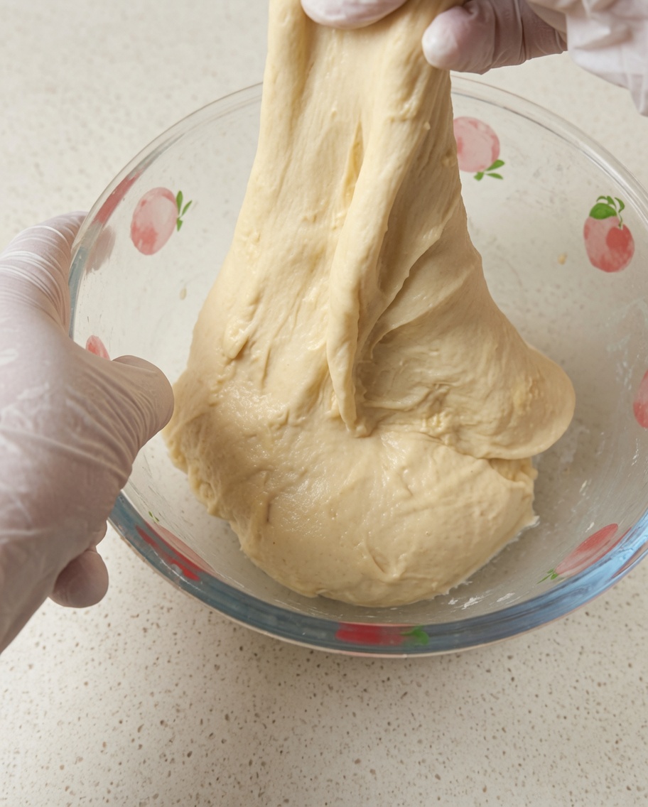 Gloved hands pulling and stretching a piece of soft pizza dough upwards from a glass mixing bowl.