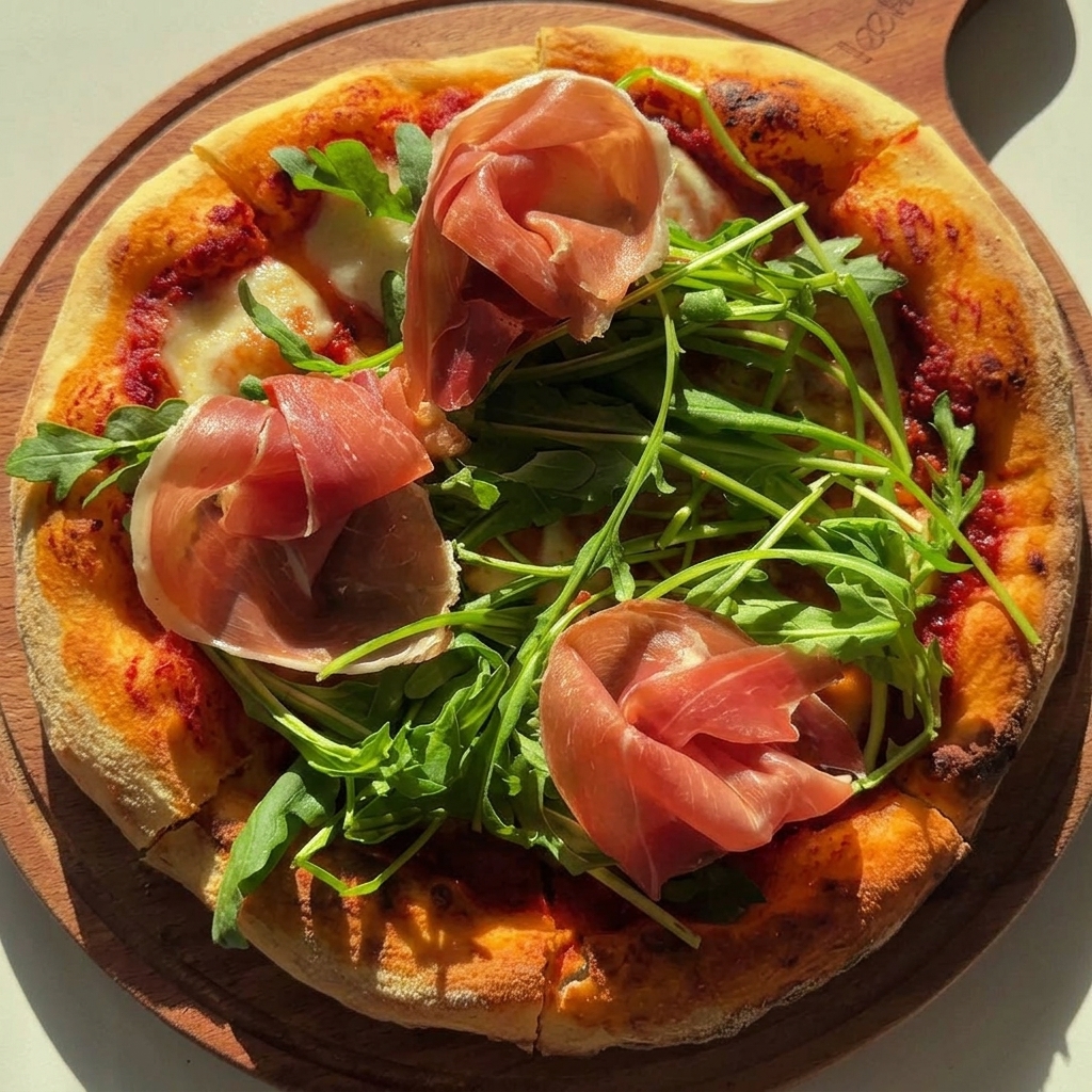 A hot baked pizza resting on a wooden board, topped with fresh green arugula and folded slices of Parma ham.