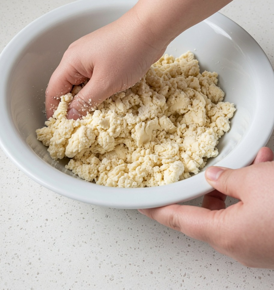 Hands kneading a shaggy, crumbly dough mixture inside a large white bowl.