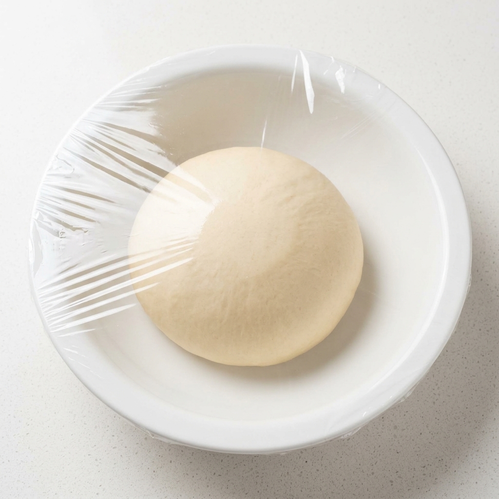 A smooth, round ball of dough resting in a white bowl, tightly sealed with clear plastic wrap.