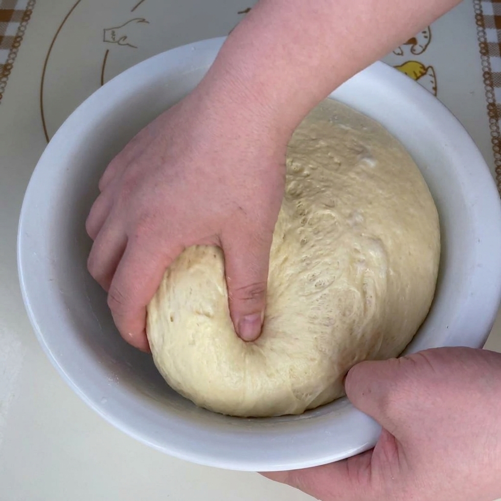 A close-up view of proofed pizza dough being pulled apart, showing a visible web-like, honeycomb fermentation structure inside.