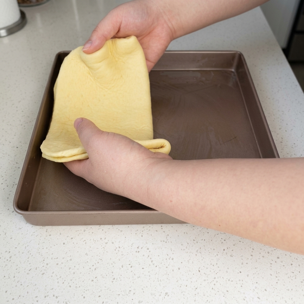 Hands lifting a rolled sheet of pizza dough and carefully positioning it into a greased square metal baking tray.