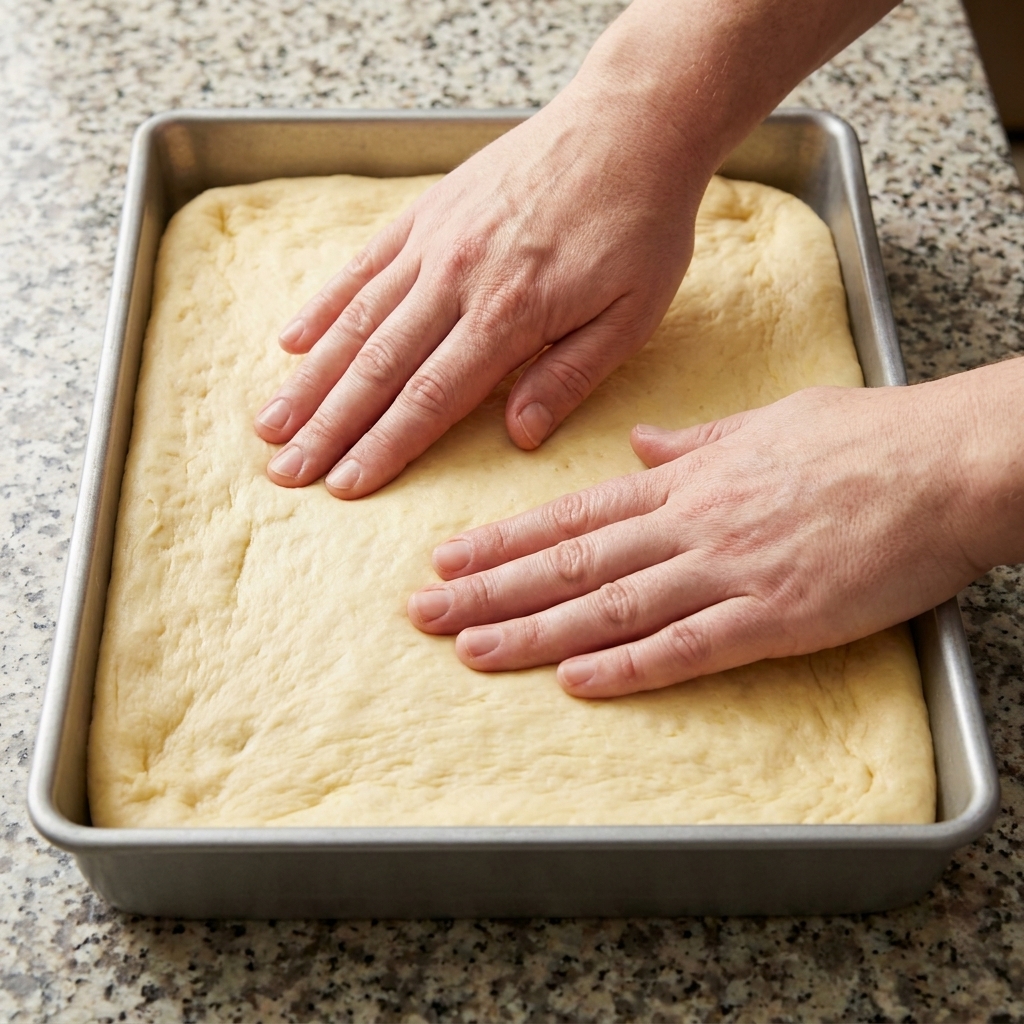 Hands pressing the edges of the pizza dough into the corners of a dark metal baking pan to ensure an even fit.