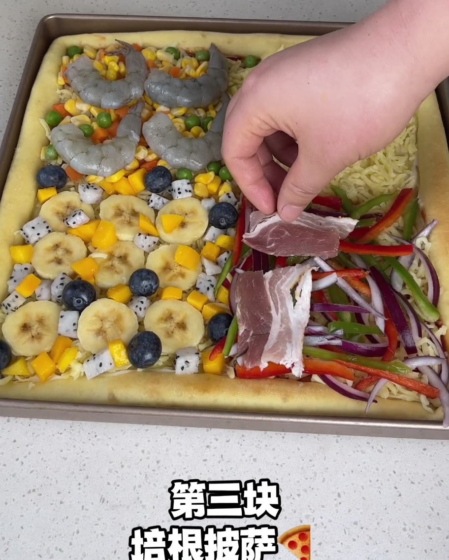 A hand placing the square baking pan containing the docked pizza dough into the oven to par-bake.