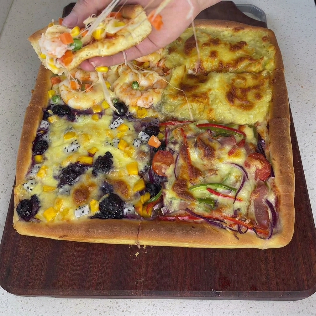 A hand scattering a heavy layer of shredded cheese across the top of a sauced square pizza crust.
