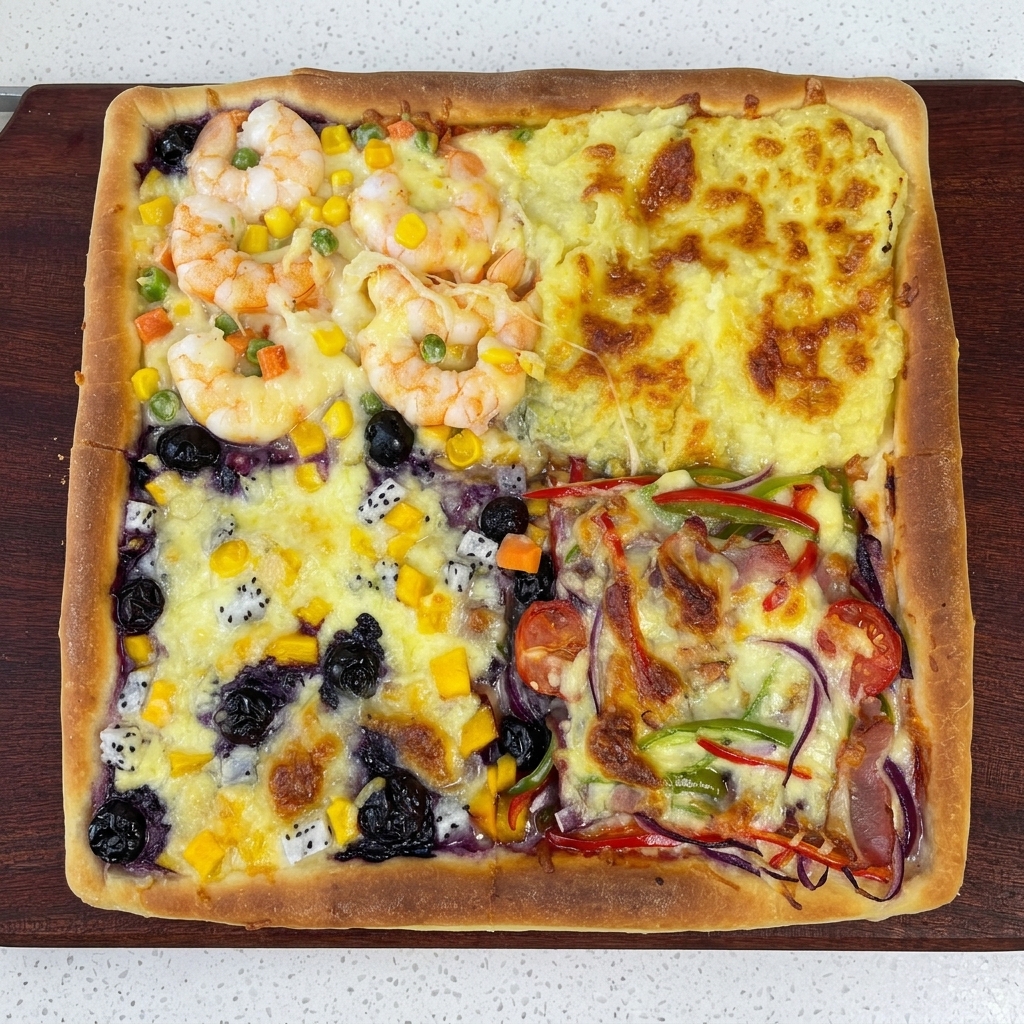 Slices of banana, diced mango, blueberries, and dragon fruit pieces neatly arranged on one quarter of the cheese-covered pizza dough.