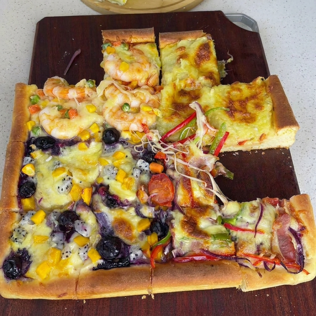 A handful of shredded cheese being scattered over the assembled four-flavor pizza toppings.