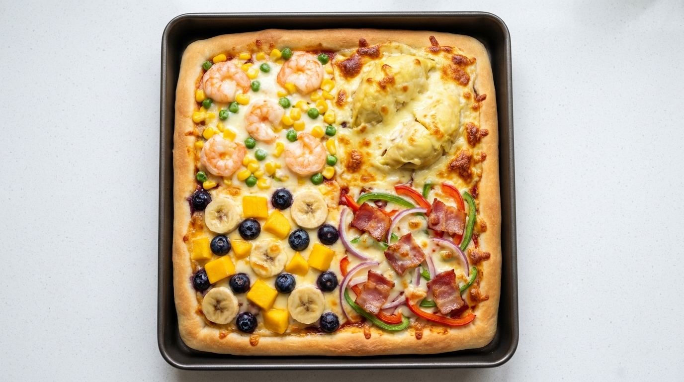 Four-Flavor Pizza (Shrimp, Durian, Mixed Fruit & Bacon)