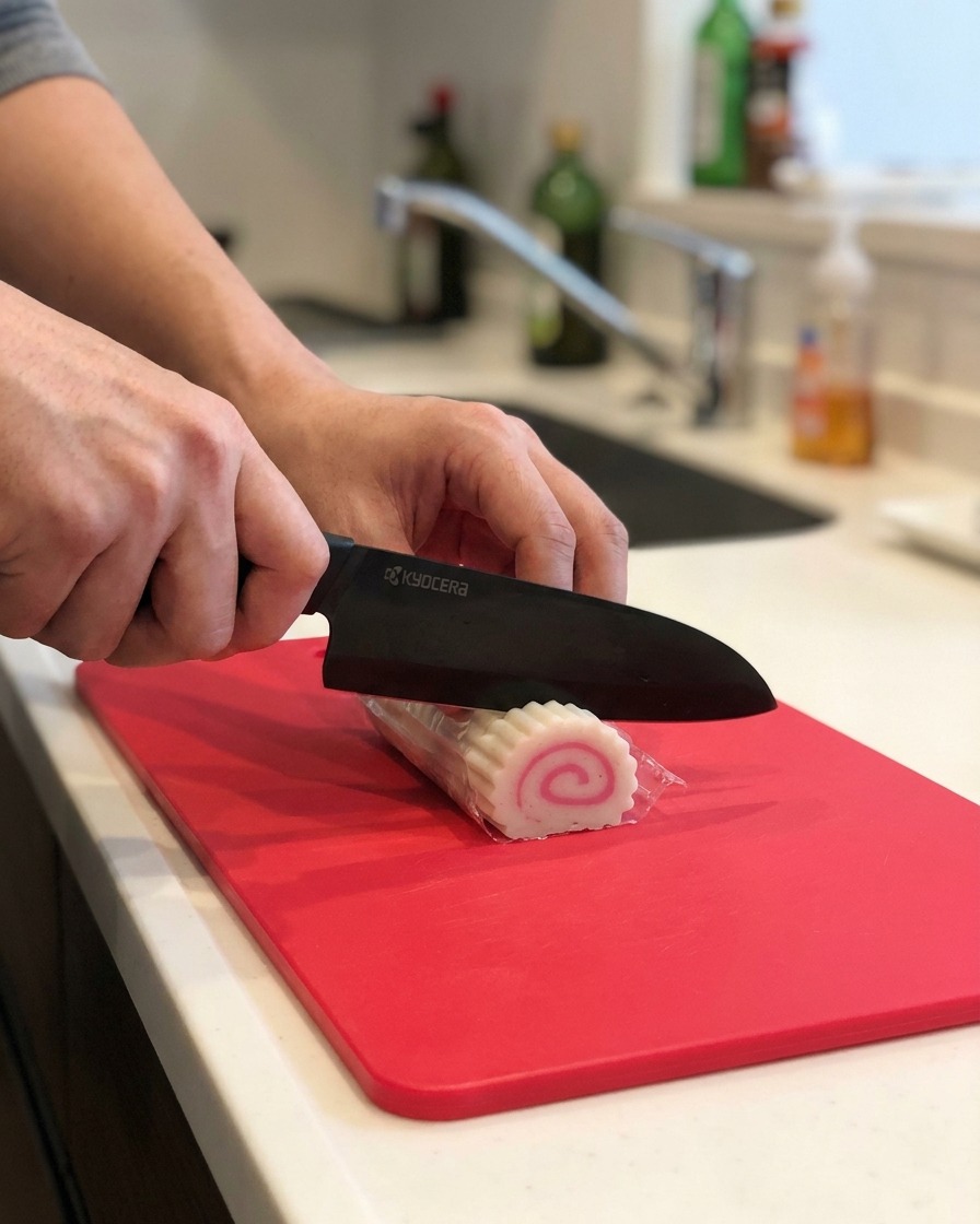 A person slicing a pink and white spiral narutomaki fish cake into thin rounds on a red cutting board.
