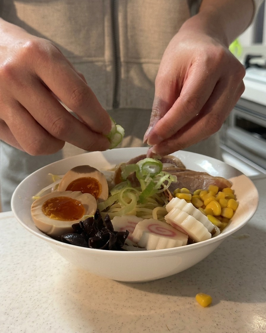 Hands sprinkling chopped green onions over a fully loaded bowl of homemade shoyu ramen.