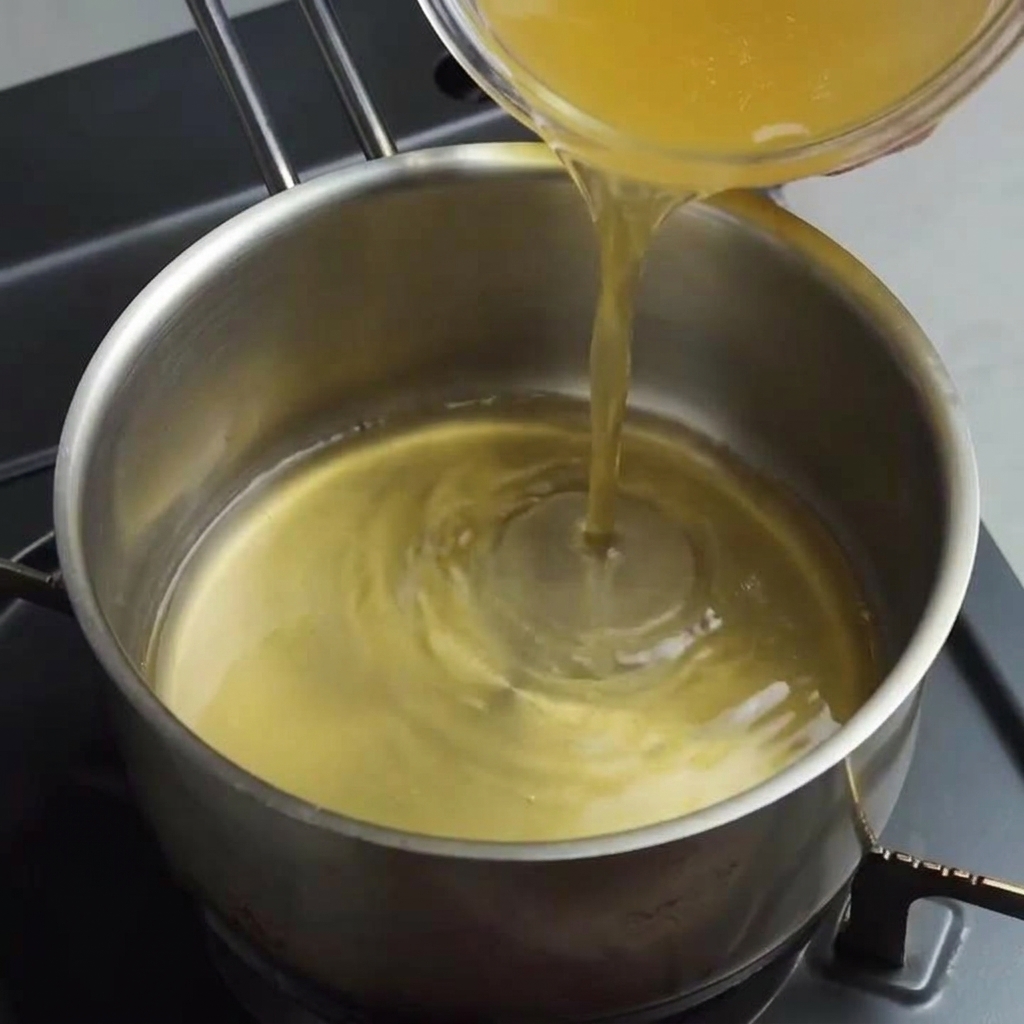 Clear chicken stock being poured from a glass bowl into a stainless steel saucepan.