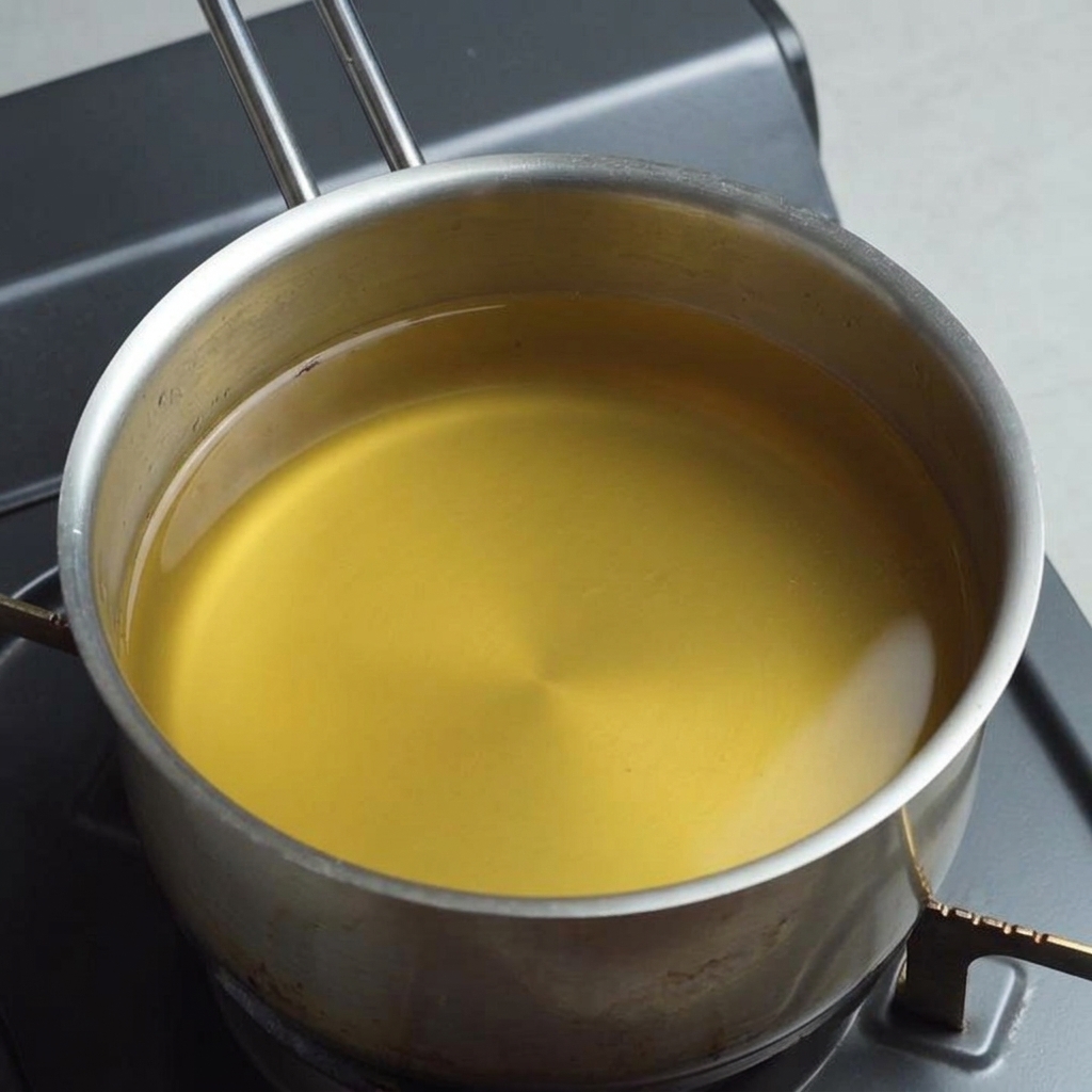 A stainless steel saucepan filled with clear broth sitting on a stove.