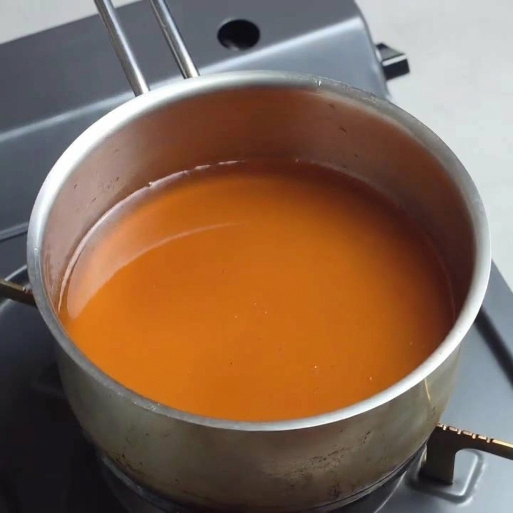 A saucepan containing a dark amber ramen soup base simmering over medium heat.