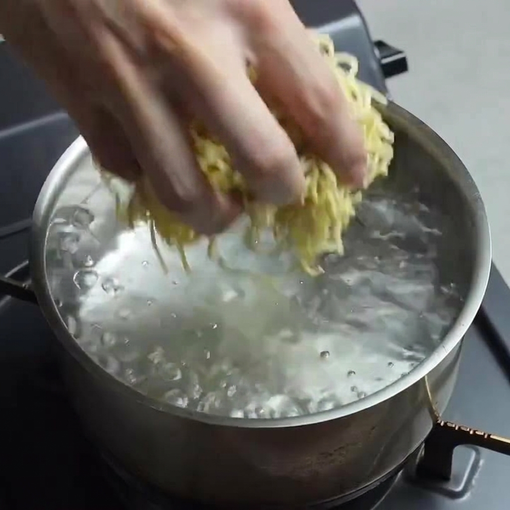 A hand carefully dropping a block of fresh ramen noodles into a pot of rapidly boiling water.