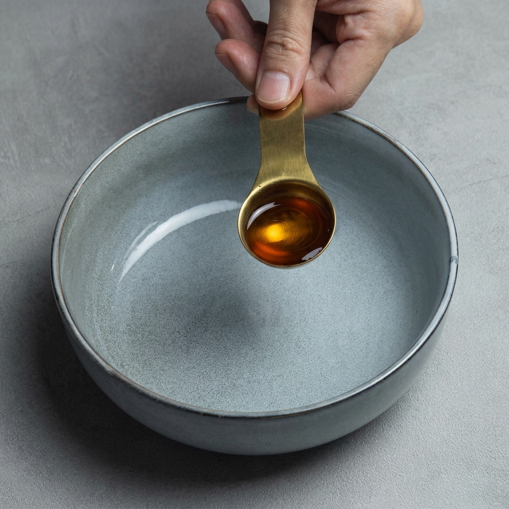 A hand holding a brass measuring spoon filled with dark sesame oil over a grey ceramic serving bowl.