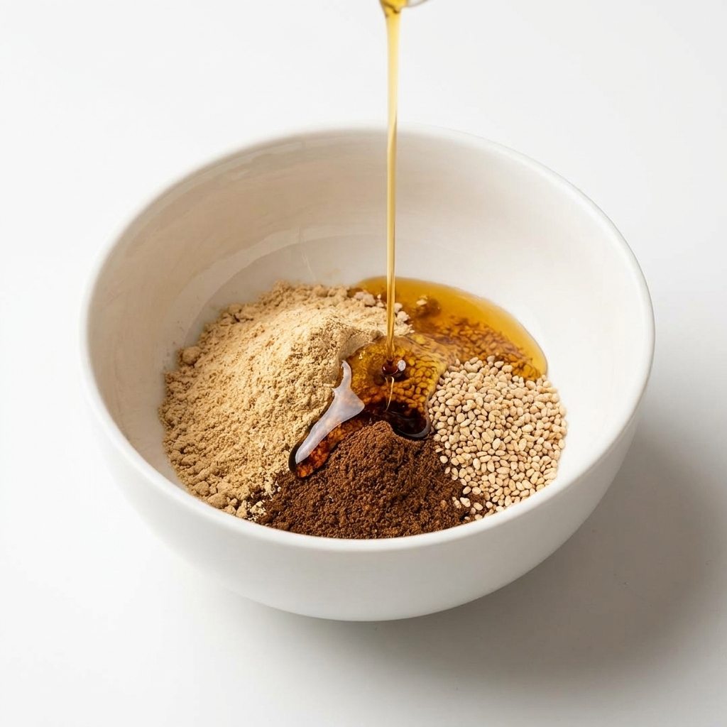 Pouring sesame oil, soy sauce, and mirin over the seasoning mixture in the bowl.
