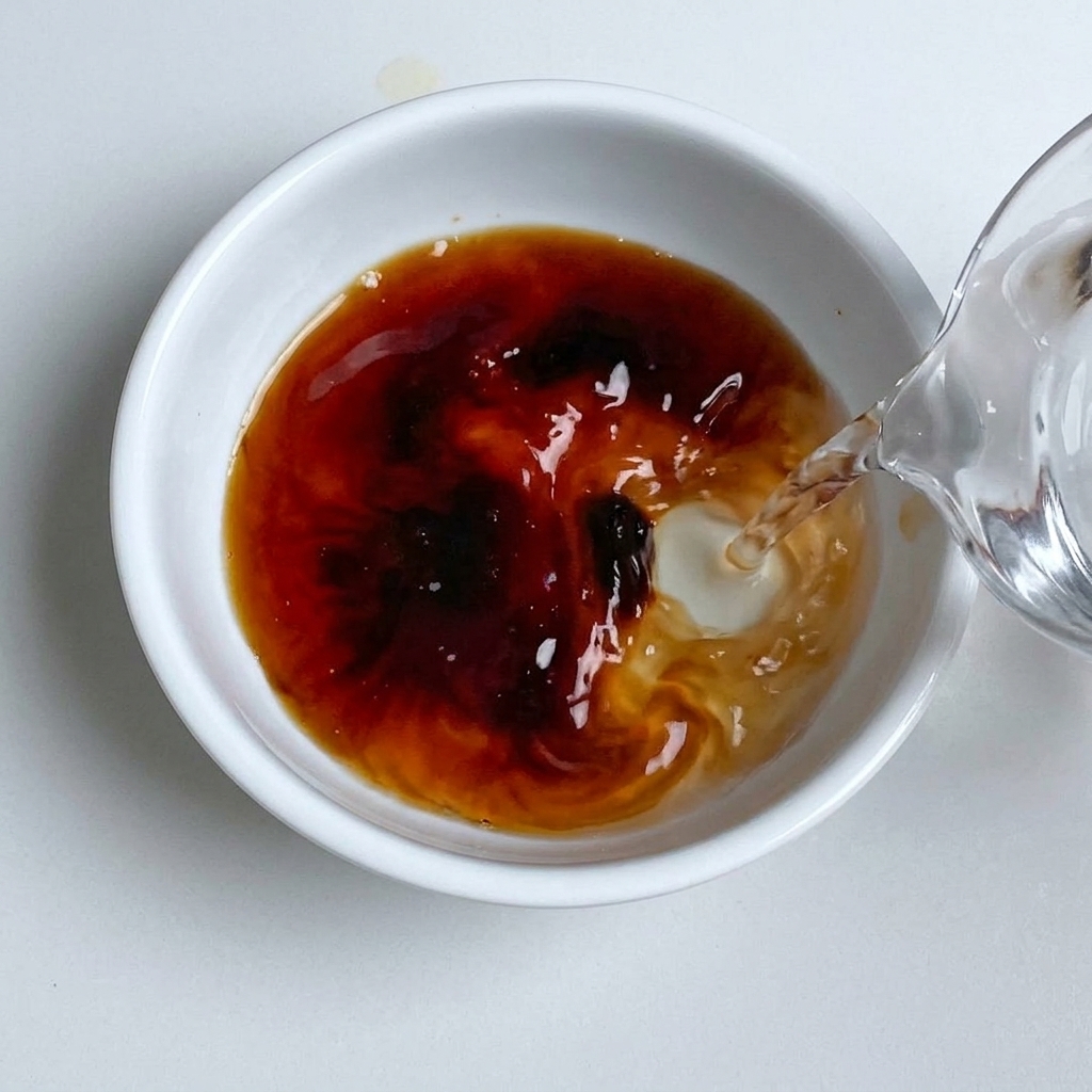 Stirring the broth mixture with wooden chopsticks in a white bowl.