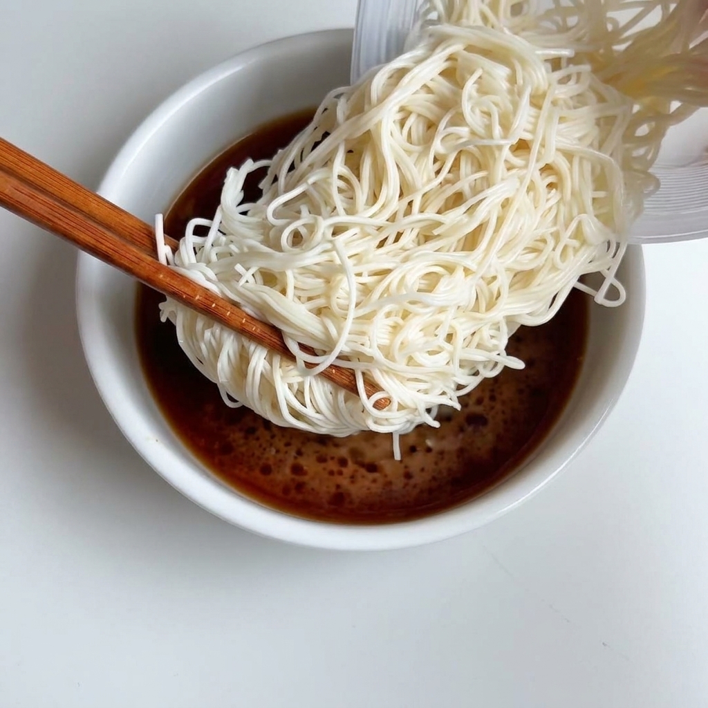 A close-up view of thin somen noodles being submerged into a dark, steaming soy-based broth using wooden chopsticks.