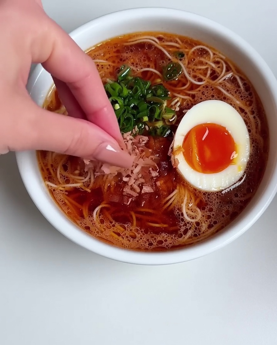 A top-down view of the prepared ramen bowl, featuring a soft-boiled egg and green onions, while a hand sprinkles dry bonito flakes over the top.