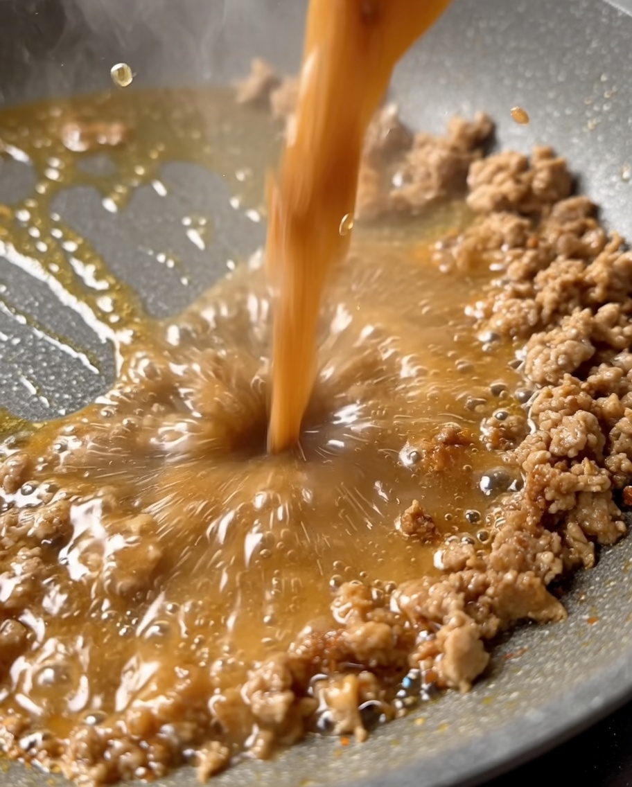 Water being poured into the pan to combine with the seasoned pork mixture.