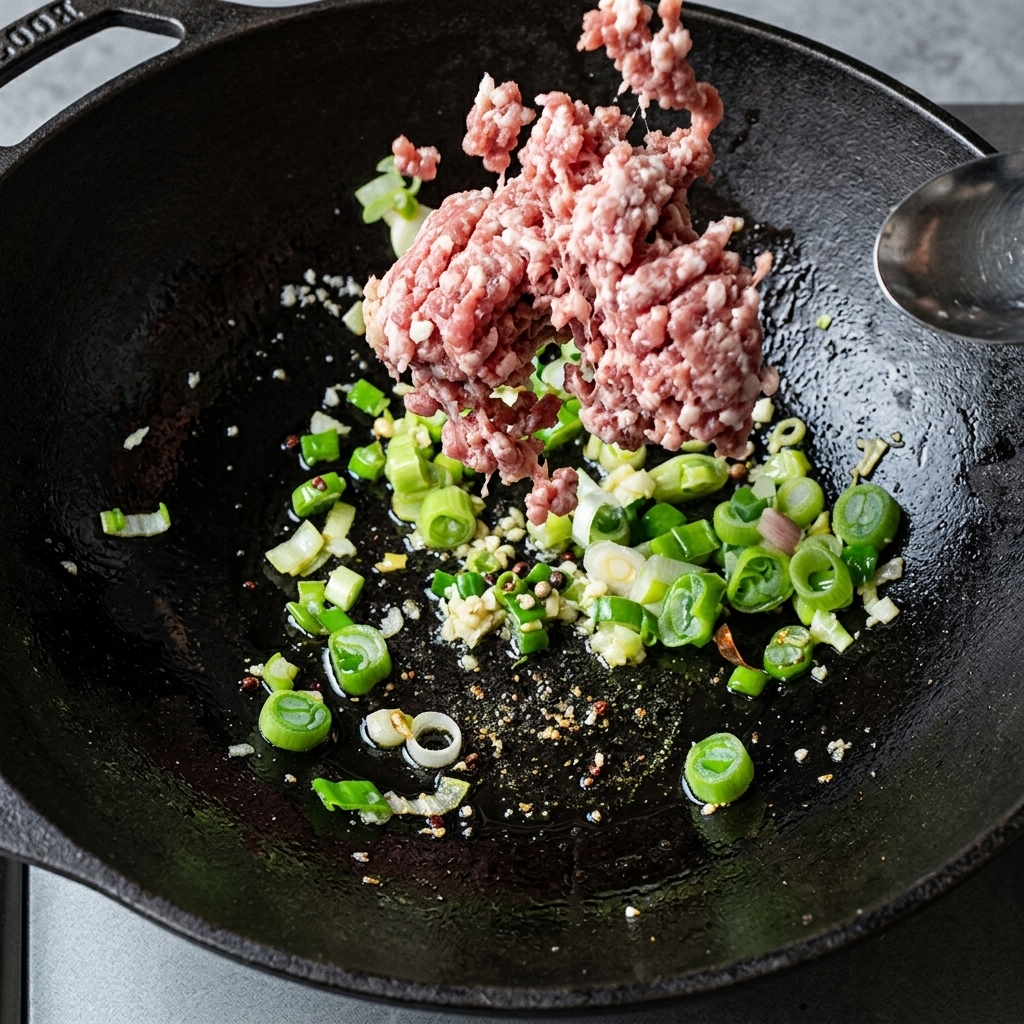 Ground pork being added to the wok and mixed with green onions and garlic.